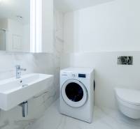 Badezimmer in einer 2-Zimmer-Wohnung mit Waschbecken, Waschmaschine, Toilette und Duschkabine.