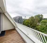 Balkon einer 2-Zimmer-Wohnung mit Verglasung und Blick auf Bäume und eine Brücke in der Ferne.