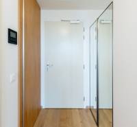 Eingangsflur mit Spiegel in einer 2-Zimmer-Wohnung, Holzboden und weiße Wände.