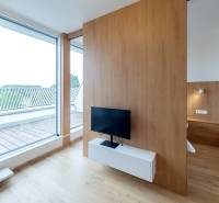 Ein Zimmer in einer 2-Zimmer-Wohnung mit Fernseher, Spiegelschrank und großem Fenster zur Terrasse.