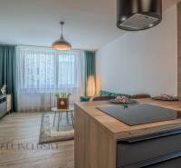 Wohnzimmer in einer 3-Zimmer-Wohnung mit Kücheninsel, Fernseher und Sofa.