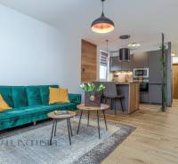 Wohnzimmer mit Sofa und Küche in einer 3-Zimmer-Wohnung.