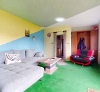 Wohnzimmer in einem Einfamilienhaus mit gepolstertem Sofa, Sessel und Holztisch.