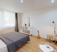 Schlafzimmer in einer Einzimmerwohnung mit Bett, Sessel, Teppich und Fenster mit dunklen Vorhängen.