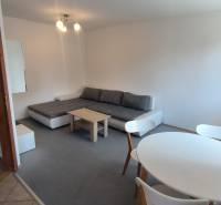 Wohnzimmer in einer Zweizimmerwohnung mit Sofa, Esstisch und Eingang zum Flur.