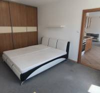 Schlafzimmer mit großem Schrank und Doppelbett, daneben Wohnzimmer mit Küchenzeile.