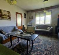 Wohnzimmer eines Einfamilienhauses mit Sofas, Tisch und Vitrine, dekoriert mit einem Bild an der Wand.
