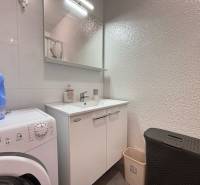 Badezimmer in einer 2-Zimmer-Wohnung mit Waschmaschine, Waschbecken und Stauraum.