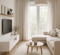 Helles Wohnzimmer in einer 2-Zimmer-Wohnung mit Sofa, Tisch und Fernseher an der Wand.