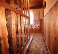 Holztreppe und verkleidete Wände im Inneren der Hütte mit Teppich im Flur.