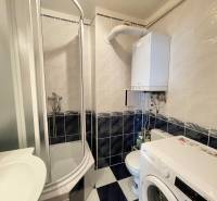 Badezimmer in einer 2-Zimmer-Wohnung mit Dusche, Waschmaschine und Gaskessel.