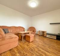 Wohnzimmer in einer Zweizimmerwohnung mit einem Sofa und Tischen auf einem Holzboden.