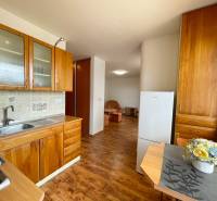 Holzküche mit Esstisch und Blick ins Wohnzimmer, 2-Zimmer-Wohnung.