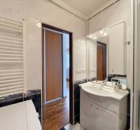 Badezimmer in einer 2-Zimmer-Wohnung mit Spiegel und Waschbecken, sichtbarer Flur und Korridor.