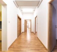 Flur mit Holzboden und Bürotüren.
