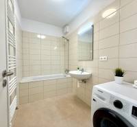 Badezimmer mit Badewanne, Waschbecken, Waschmaschine und Heizkörper in einer 2-Zimmer-Wohnung.