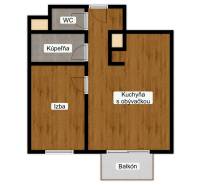 Grundriss einer 2-Zimmer-Wohnung mit Badezimmer, WC, Küche mit Wohnzimmer und Balkon.