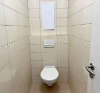 Toilette mit Fliesen in einer 2-Zimmer-Wohnung, helle Fliesen.