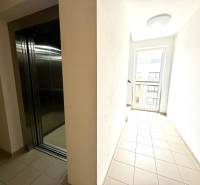 Ein Flur mit hellem Belag und einem Aufzug in einer 2-Zimmer-Wohnung.