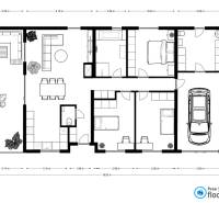 Grundriss im Einfamilienhaus: Wohnzimmer, Küche, drei Schlafzimmer, Badezimmer und Garage.