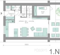 Grundriss eines Einfamilienhauses mit Wohnzimmer, Küche und Abstellraum im Erdgeschoss.