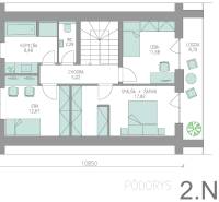 Grundriss des zweiten Obergeschosses eines Einfamilienhauses: Zimmer, Badezimmer, Flur, Loggia und WC.
