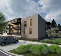 Visualisierung des Wohnungsbaus in Kriváň, modernes Wohngebäude mit Parkplätzen und Grünflächen.