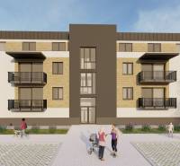 Der Wohnungsbau in Kriváň umfasst ein modernes Gebäude mit Balkonen und Grünflächen rundherum.