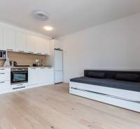 Kompakte Küche mit weißen Schränken und ausziehbarem Sofa in einer Einzimmerwohnung.