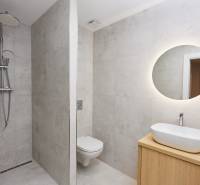 Badezimmer in einer 2-Zimmer-Wohnung mit offener Dusche und beleuchtetem Spiegel.