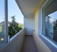 Ein verglaster Balkon in einer 2-Zimmer-Wohnung mit Blick ins Grüne.