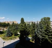 Blick auf Wohngebäude, umgeben von Bäumen und einem Spielplatz in Košice, Stadtteil Juh.