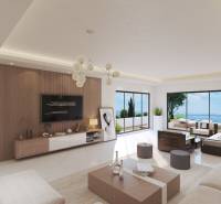 Wohnzimmer in einer Villa mit Blick auf den Ozean, großen Fenstern und bequemen Sitzgelegenheiten.