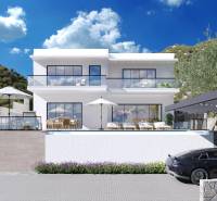 Villa in Duće mit Terrasse, Bergblick und geparktem Auto.
