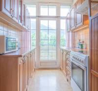 Küche mit Holzmöbeln und Geräten, Licht dringt durch ein großes Fenster ein.