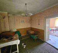 Wohnzimmer in einem Einfamilienhaus mit Retro-Möbeln und beschädigten Wänden.