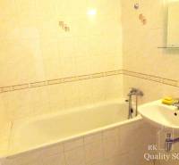 Badezimmer mit Badewanne und Waschbecken in einer Einzimmerwohnung.