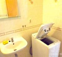 Badezimmer mit Waschmaschine und Waschbecken in einer Einzimmerwohnung, einfaches Design.
