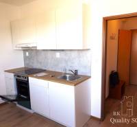 Küche in einer Einzimmerwohnung mit Herd und Spüle, helle Holzböden.