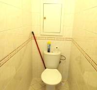 Ein kleines Badezimmer in einer Einzimmerwohnung mit Toilette, Besen und Reinigungsmitteln.