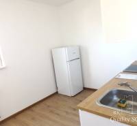 Küche in einer Einzimmerwohnung mit Holzboden und Kühlschrank.