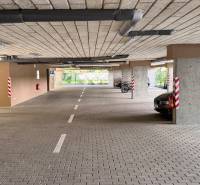Parkplätze in der Garage mit Auto, Fahrrad und Betonpfeilern.