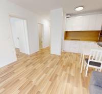 2-Zimmer-Wohnung mit Parkettboden, weißer Küche und Esstisch mit Stühlen.