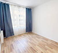 Ein leerer Raum in einer Zweizimmerwohnung mit Holzboden und blauen Vorhängen.