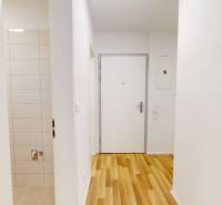 Der Flur in einer 2-Zimmer-Wohnung mit Holzboden und weißen Wänden.