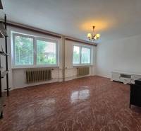 Wohnzimmer in einem Einfamilienhaus, mit weißen Wänden und rotem Boden, zwei Fenstern und Möbeln.