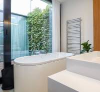 Badezimmer in einem Einfamilienhaus mit Badewanne, Pflanze und großem Fenster.