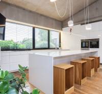 Küche in einem Einfamilienhaus mit großer Insel, hölzernen Barhockern und einer Pflanze.