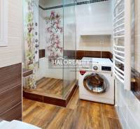 Badezimmer in einer 2-Zimmer-Wohnung mit Duschkabine, Waschmaschine und Holzverkleidung.