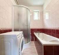 Badezimmer mit Badewanne, Dusche und Waschmaschine in einem Einfamilienhaus.
